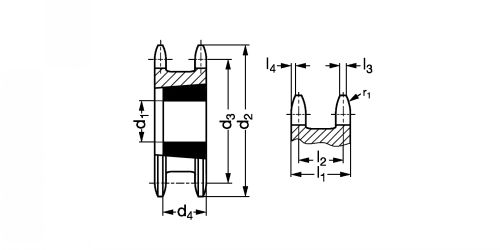 Pignon à chaînes double pour deux chaînes à rouleaux simples - Plan