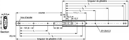 Glissière - Course 75% - Déconnexion front - Plan