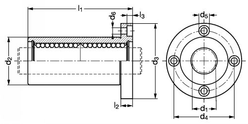 Douille &agrave; billes massive tandem &agrave; bride ronde - Plan