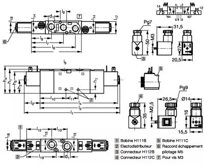 Distributeur compact en ligne 5/3CF - Plan