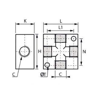 Nourrice alu en croix femelle BSP cylindrique et métrique - LEGRIS 3312 - Plan