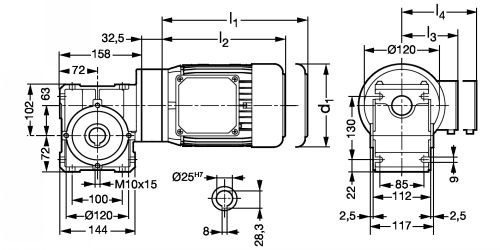Motoréducteur roue et vis sans fin RVN63 - Plan