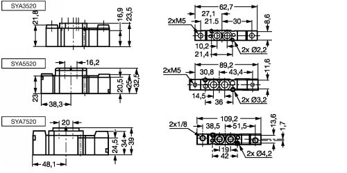 Electrodistributeur 5/3 centre pression s&eacute;rie SY &agrave; commande pneumatique - Plan